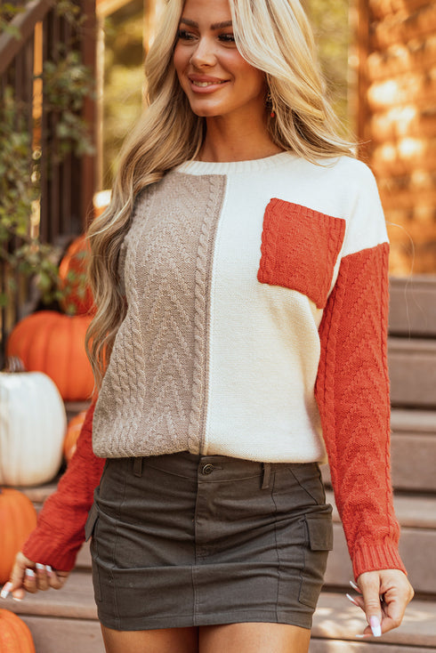 Textured Mixed Knit Patchwork Pullover Sweater