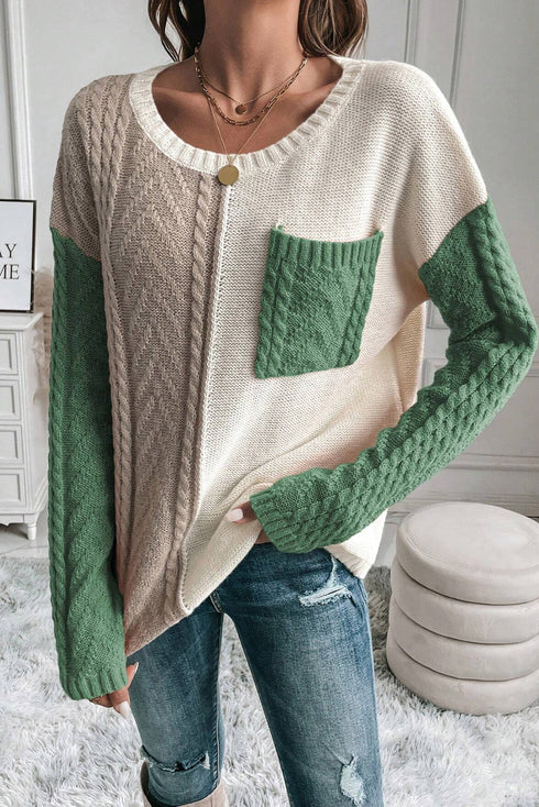 Textured Mixed Knit Patchwork Pullover Sweater