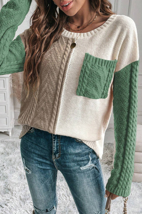 Textured Mixed Knit Patchwork Pullover Sweater
