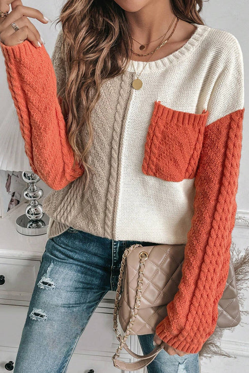 Textured Mixed Knit Patchwork Pullover Sweater