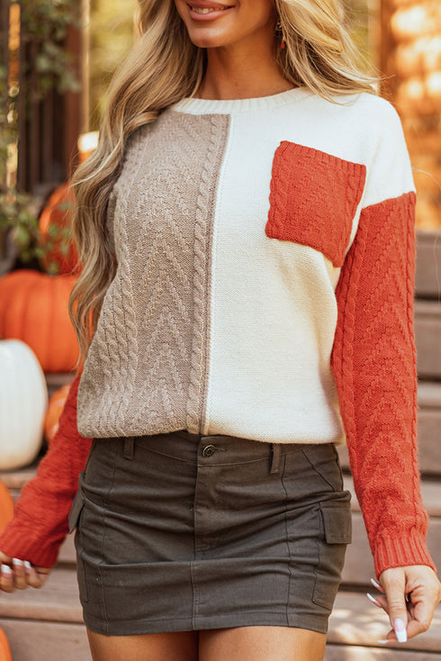 Textured Mixed Knit Patchwork Pullover Sweater
