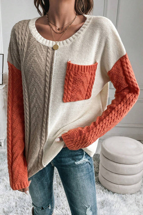 Textured Mixed Knit Patchwork Pullover Sweater