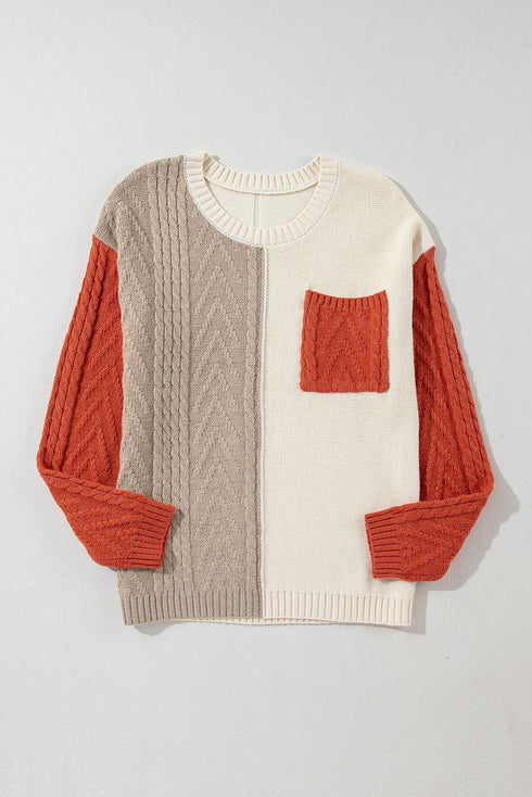 Textured Mixed Knit Patchwork Pullover Sweater