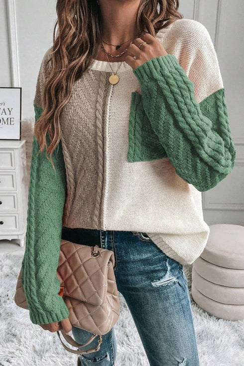 Textured Mixed Knit Patchwork Pullover Sweater
