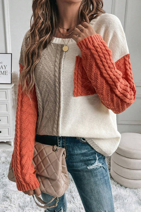 Textured Mixed Knit Patchwork Pullover Sweater