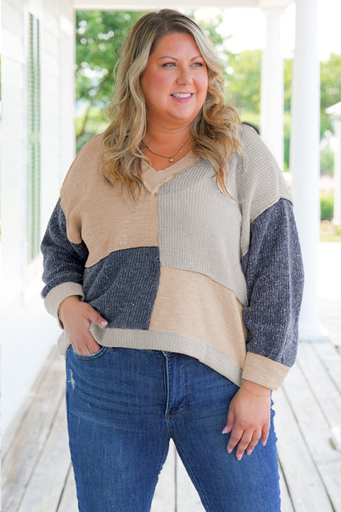 Textured Mixed Media Patchwork V Neck Long Sleeve Top