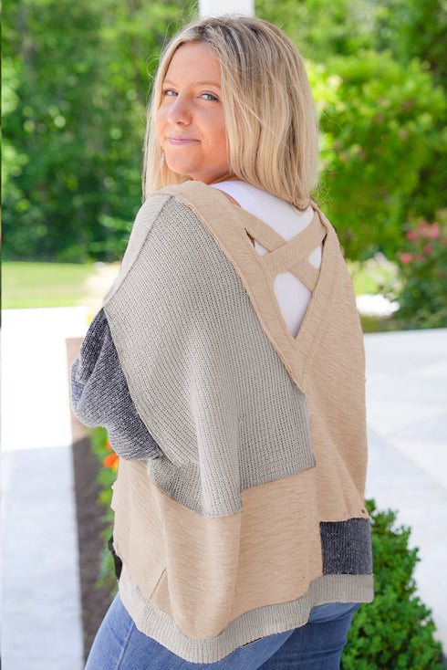 Textured Mixed Media Patchwork V Neck Long Sleeve Top