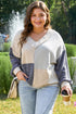 Textured Mixed Media Patchwork V Neck Long Sleeve Top