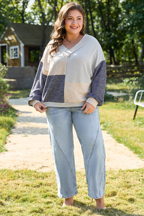 Textured Mixed Media Patchwork V Neck Long Sleeve Top