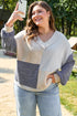 Textured Mixed Media Patchwork V Neck Long Sleeve Top