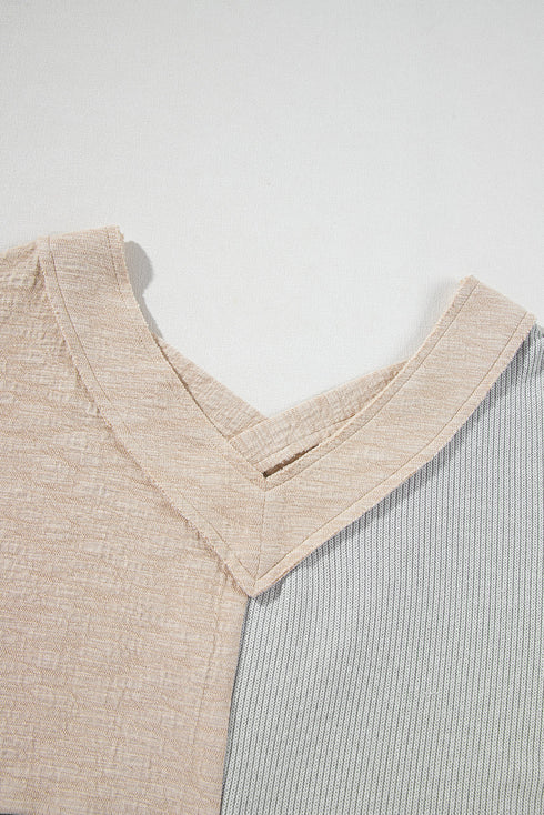 Textured Mixed Media Patchwork V Neck Long Sleeve Top
