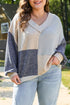 Textured Mixed Media Patchwork V Neck Long Sleeve Top