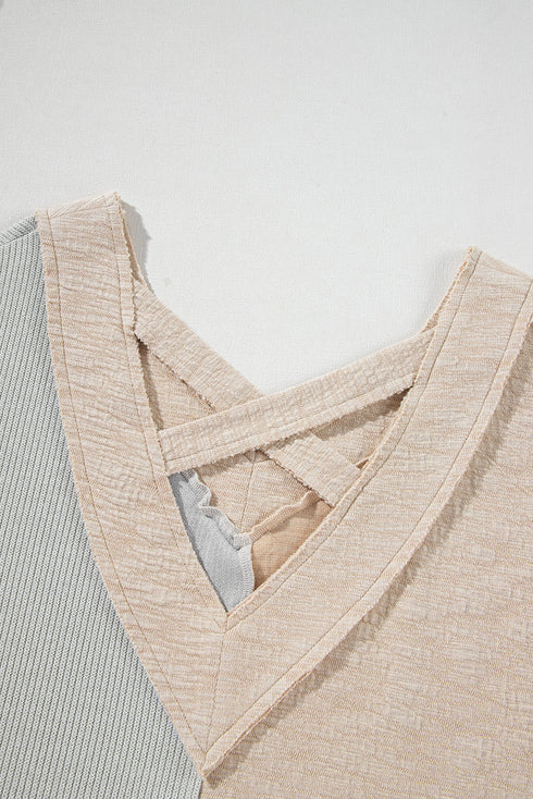 Textured Mixed Media Patchwork V Neck Long Sleeve Top