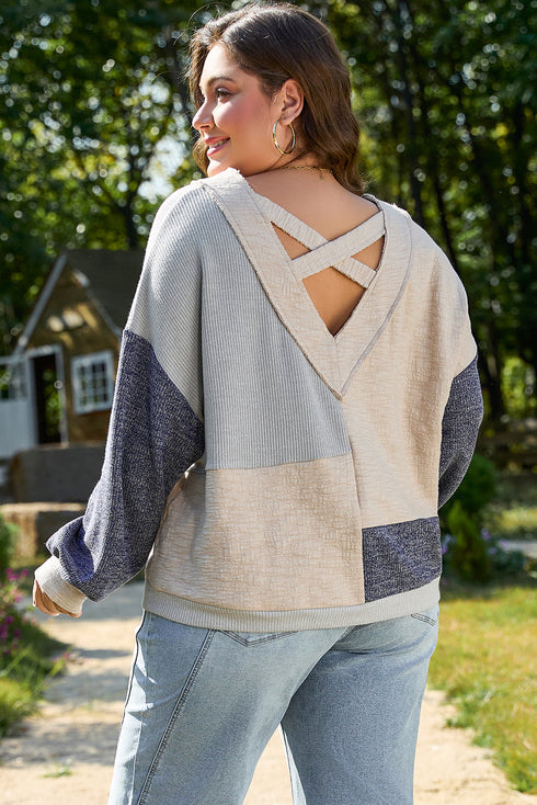 Textured Mixed Media Patchwork V Neck Long Sleeve Top