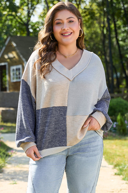 Textured Mixed Media Patchwork V Neck Long Sleeve Top