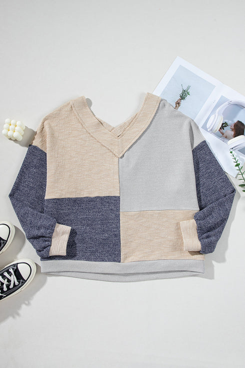 Textured Mixed Media Patchwork V Neck Long Sleeve Top