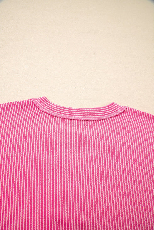 Textured Mixed Media Plaid Trim Long Sleeve Top