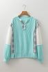 Textured Mixed Media Plaid Trim Long Sleeve Top