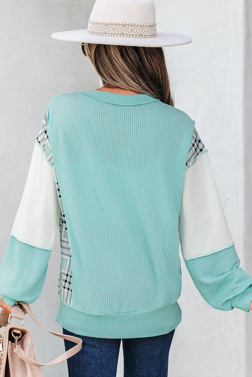 Textured Mixed Media Plaid Trim Long Sleeve Top