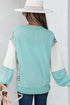 Textured Mixed Media Plaid Trim Long Sleeve Top