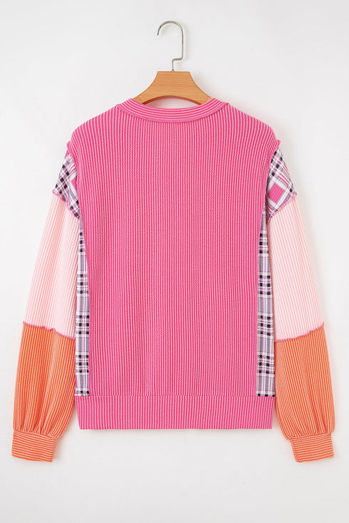 Textured Mixed Media Plaid Trim Long Sleeve Top