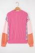 Textured Mixed Media Plaid Trim Long Sleeve Top