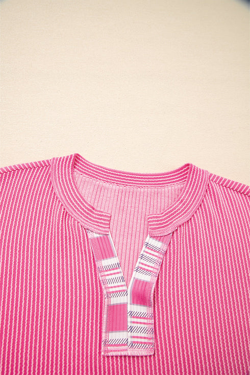 Textured Mixed Media Plaid Trim Long Sleeve Top
