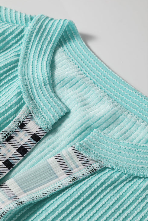 Textured Mixed Media Plaid Trim Long Sleeve Top