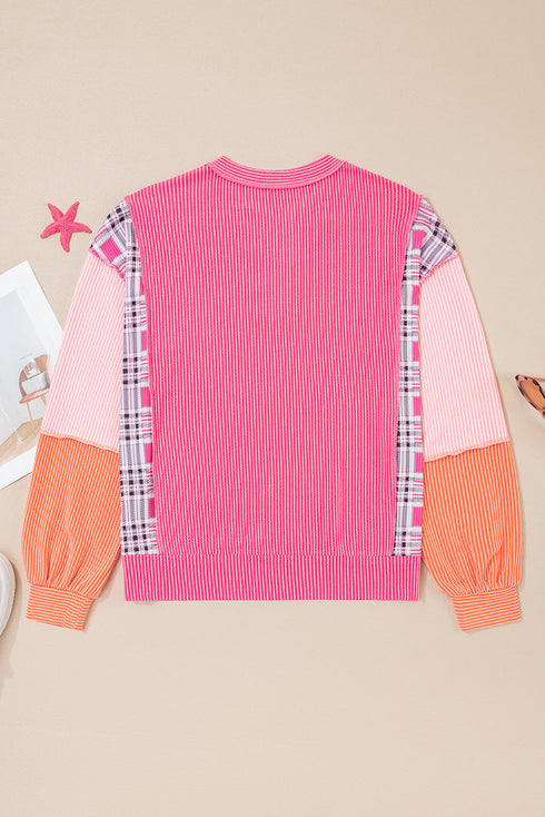Textured Mixed Media Plaid Trim Long Sleeve Top