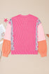 Textured Mixed Media Plaid Trim Long Sleeve Top