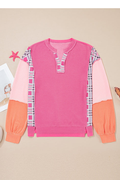 Textured Mixed Media Plaid Trim Long Sleeve Top