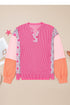 Textured Mixed Media Plaid Trim Long Sleeve Top