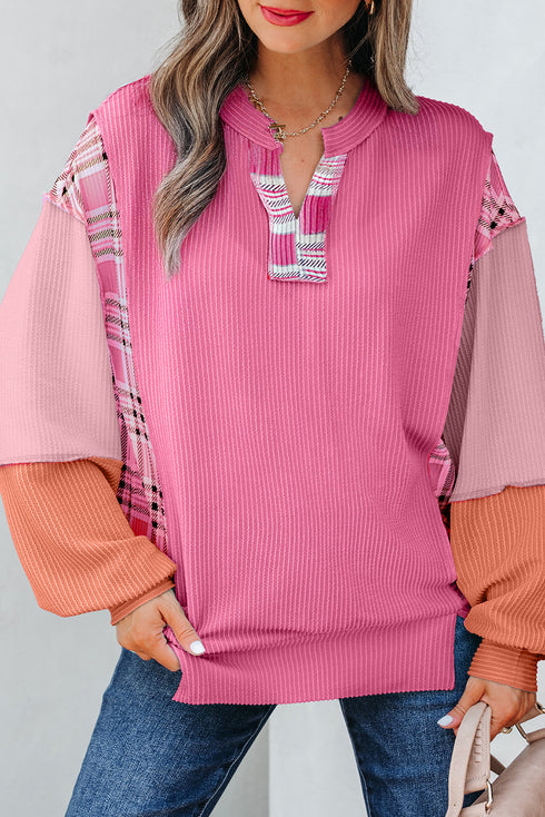 Textured Mixed Media Plaid Trim Long Sleeve Top