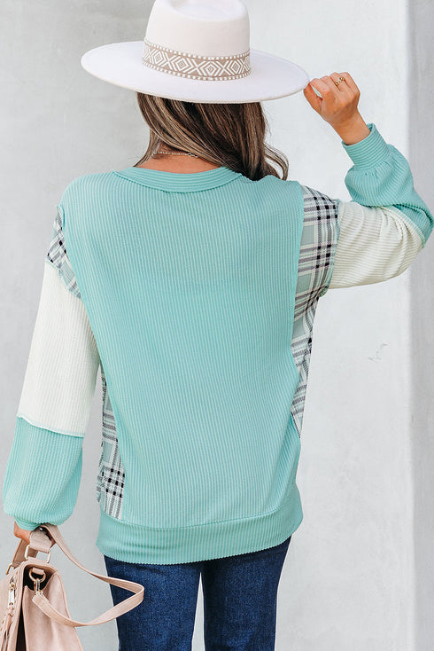 Textured Mixed Media Plaid Trim Long Sleeve Top