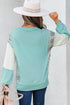 Textured Mixed Media Plaid Trim Long Sleeve Top