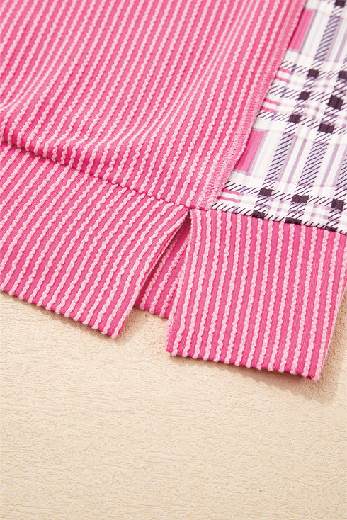 Textured Mixed Media Plaid Trim Long Sleeve Top