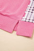 Textured Mixed Media Plaid Trim Long Sleeve Top