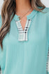 Textured Mixed Media Plaid Trim Long Sleeve Top