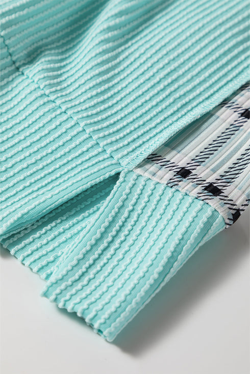 Textured Mixed Media Plaid Trim Long Sleeve Top