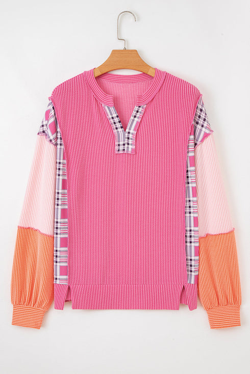 Textured Mixed Media Plaid Trim Long Sleeve Top