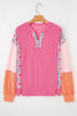 Textured Mixed Media Plaid Trim Long Sleeve Top