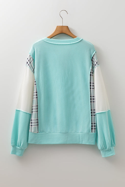 Textured Mixed Media Plaid Trim Long Sleeve Top