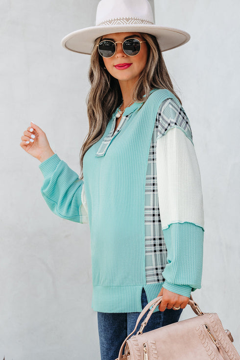 Textured Mixed Media Plaid Trim Long Sleeve Top