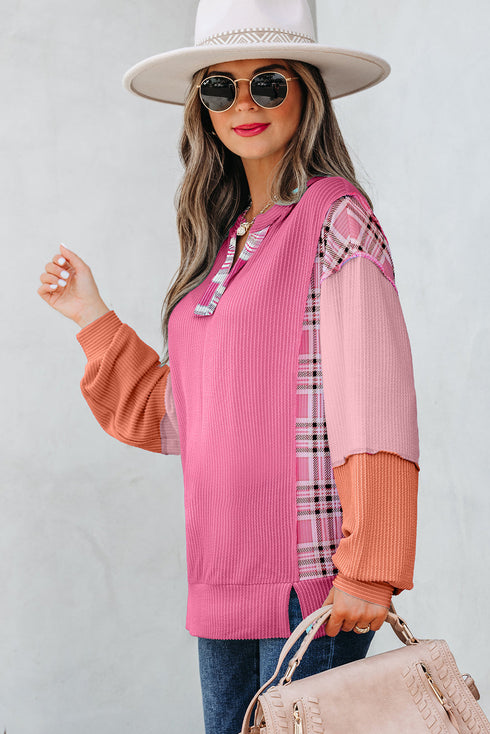 Textured Mixed Media Plaid Trim Long Sleeve Top