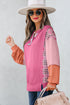 Textured Mixed Media Plaid Trim Long Sleeve Top