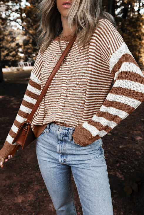Textured Mixed Stitch Striped Crew Neck Sweater