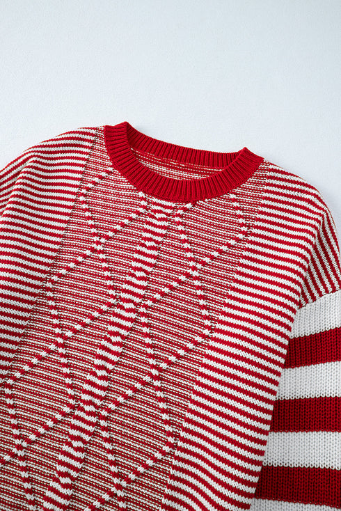 Textured Mixed Stitch Striped Crew Neck Sweater