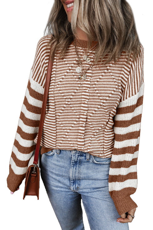 Textured Mixed Stitch Striped Crew Neck Sweater