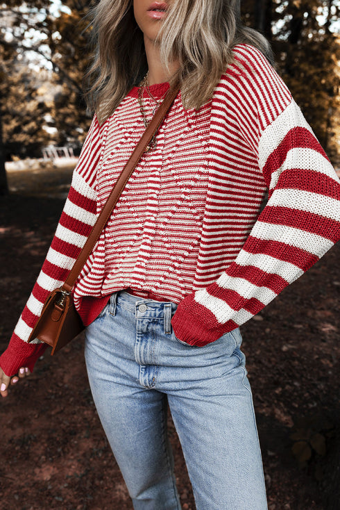 Textured Mixed Stitch Striped Crew Neck Sweater