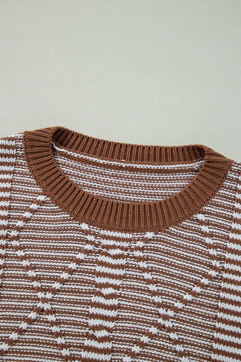 Textured Mixed Stitch Striped Crew Neck Sweater